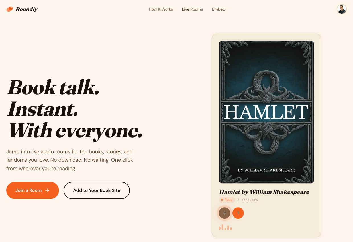 Roundly hero section showing the live audio room interface with a Hamlet book cover and book discussion prompt