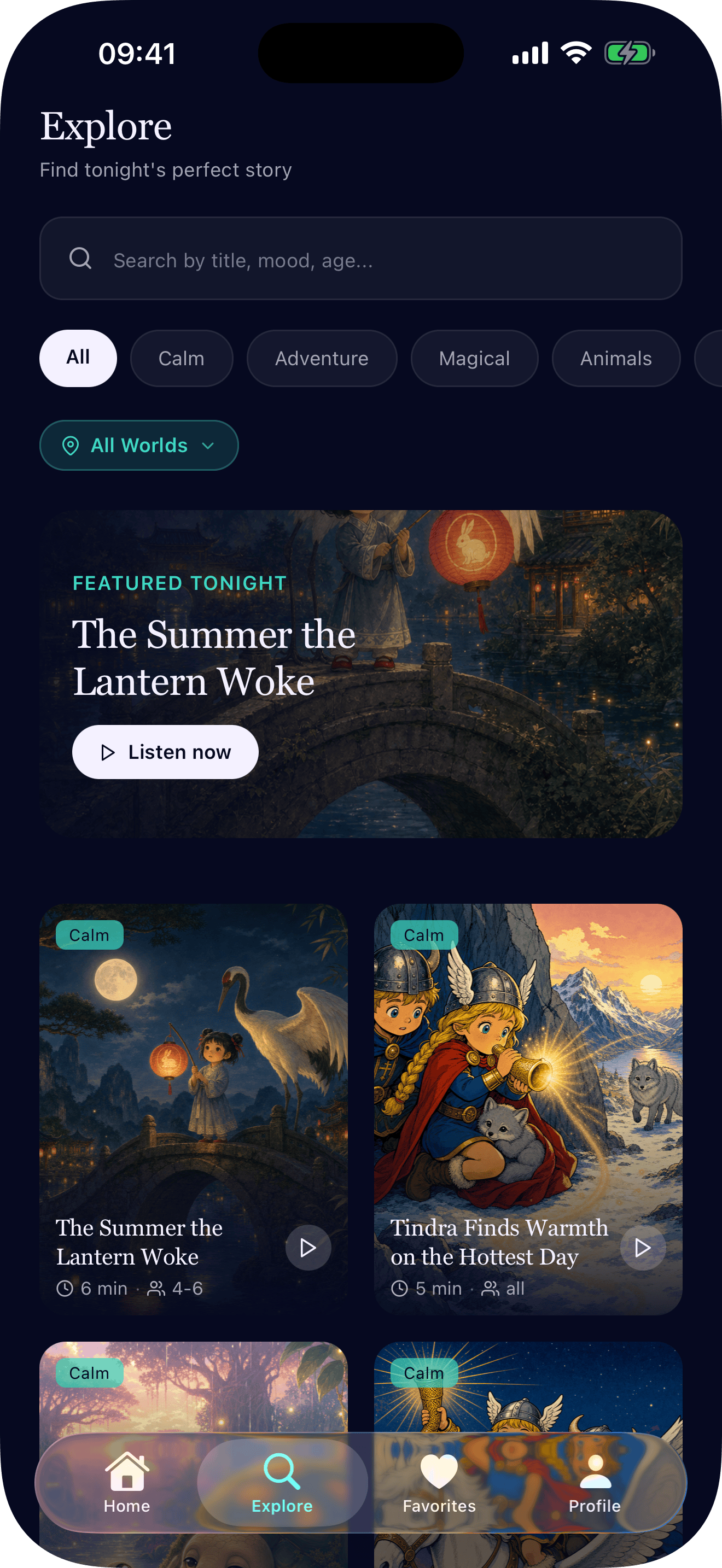 Night Night explore screen: browse stories by mood, age, and storyworld