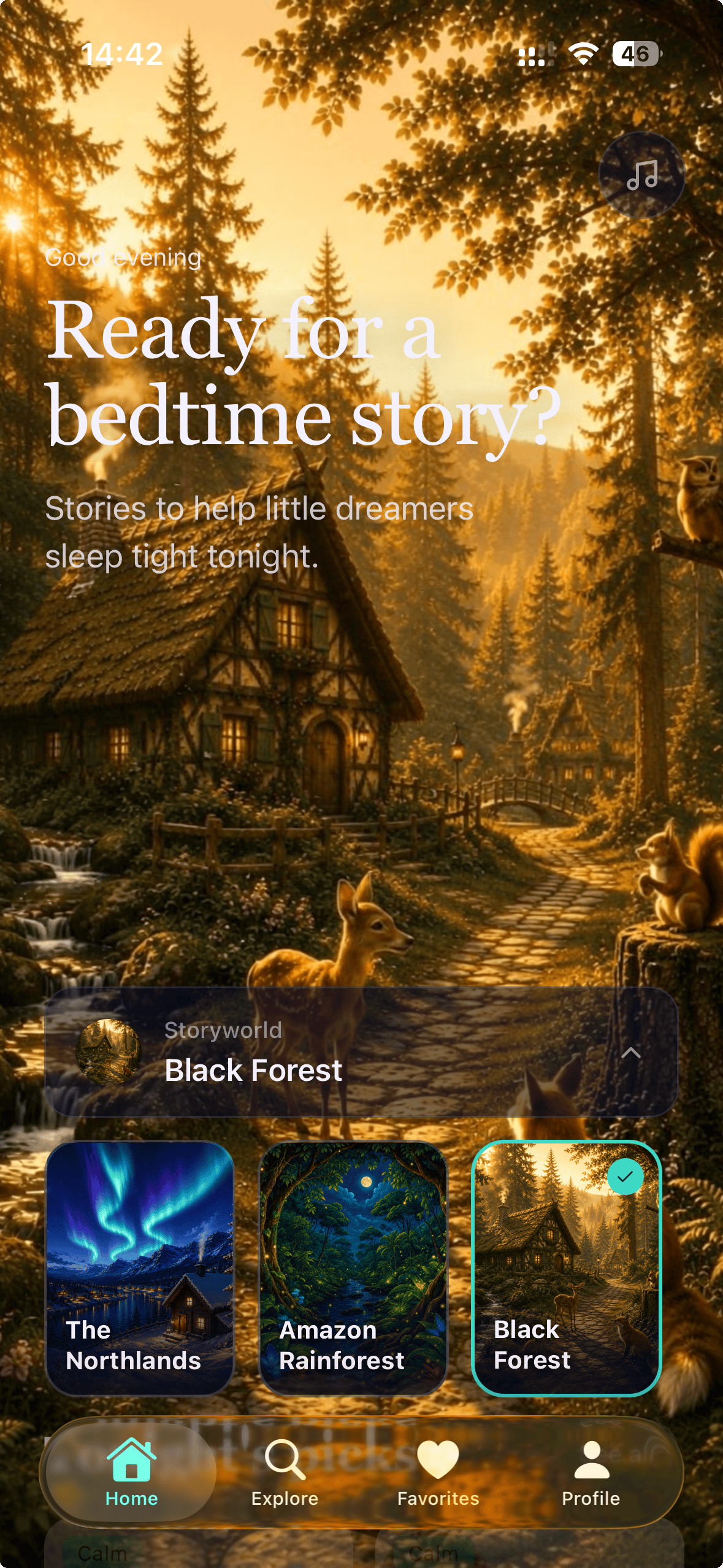 Night Night storyworld switcher: home screen showing the Black Forest and other worlds