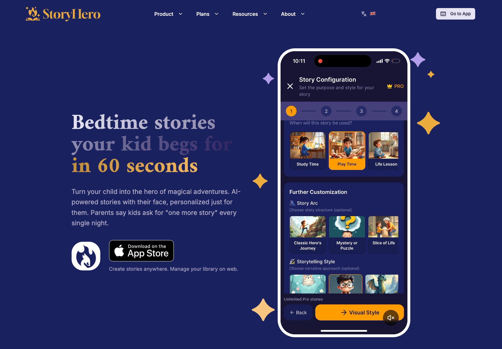 StoryHero home page hero showing illustrated story creation interface
