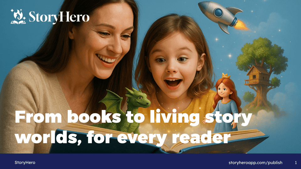 Storyhero pitch deck cover: a child and parent with an open storybook, illustrating the app's AI-generated illustrated stories